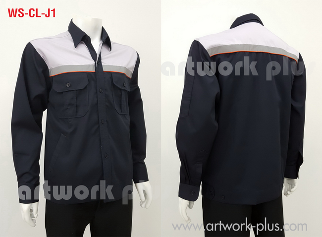 เสื้อช็อปสำเร็จรูป, แบบเสื้อพนักงาน, เสื้อพนักงานแขนยาว, เสื้อช็อปติดเทปสะท้อน, ,เสื้อช่างแบบโรงงาน, เสื้อพนักงานสีกรมท่าแต่งเทา, Work Shirt,WS-CL-J1
